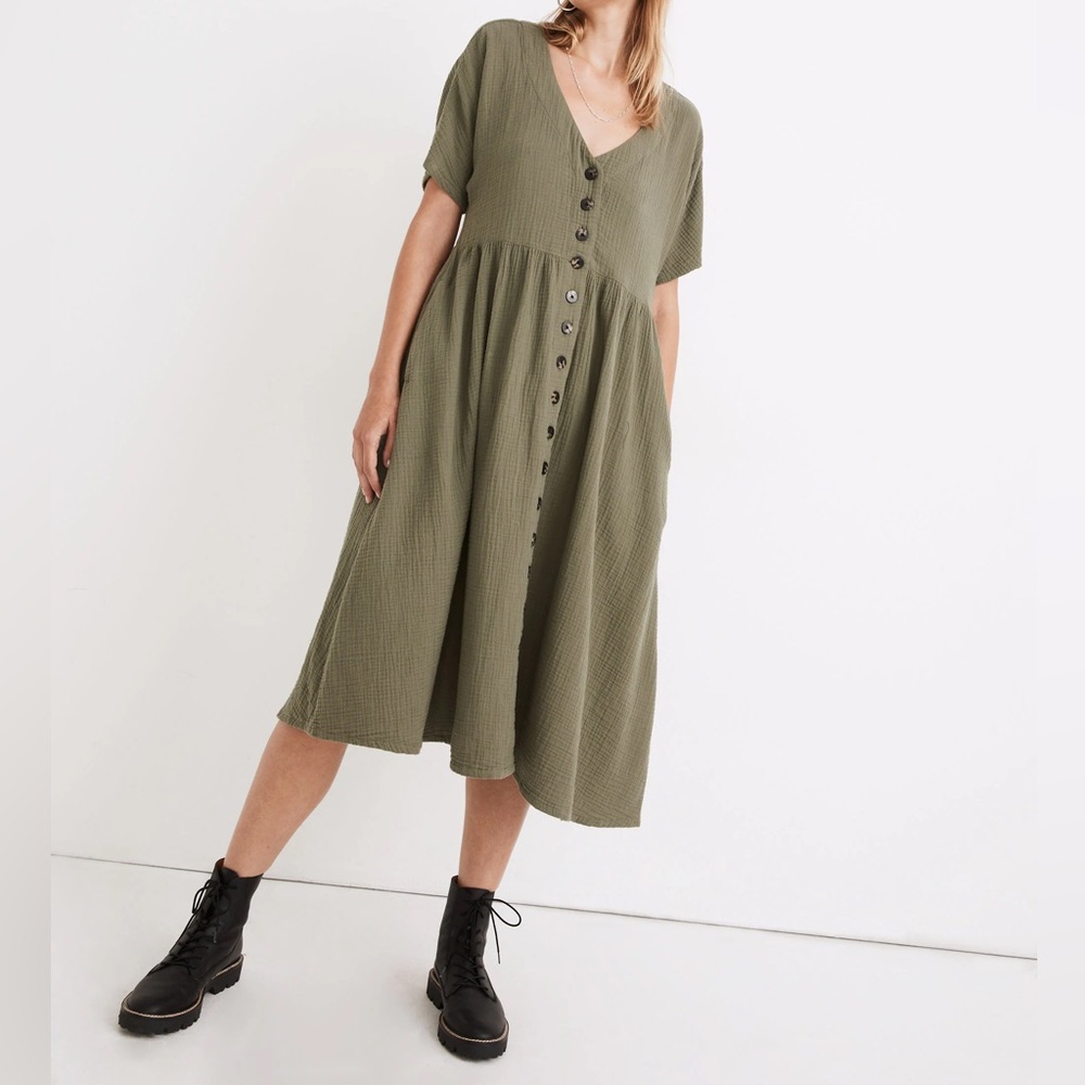 Madewell Cotton Gauze Lightspun Midi Dress Olive Green Style MD224